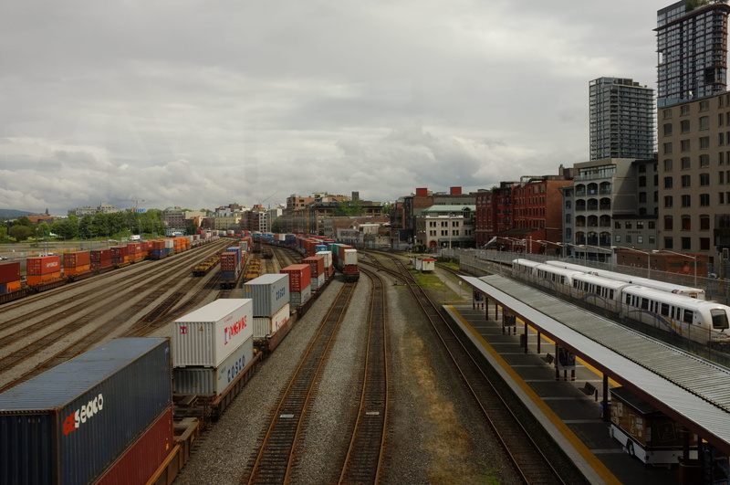 canada, rail transportation, city, downtown, building exterior, sky, train - vehicle, built structure, public transportation, high angle view, shunting yard