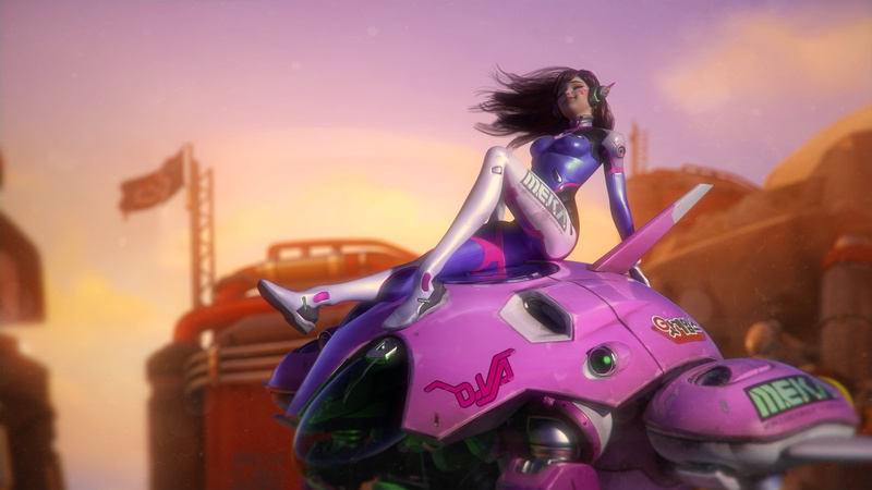 closed eyes, 2K, mech, VGErotica, fan art, video games, CGI, 3D, depth of field, smiling, windy, digital art, Overwatch, headphones, video game girls