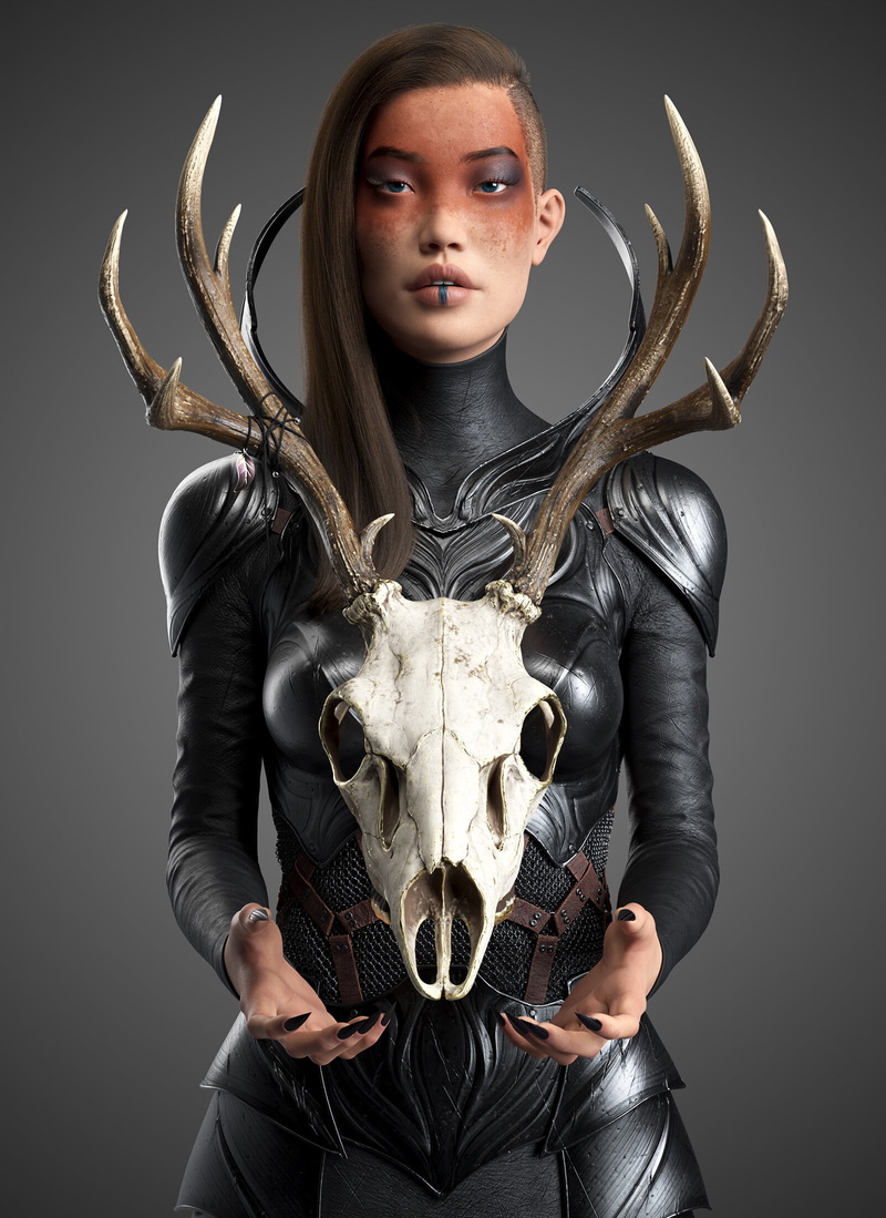 artwork, women, Rajbir Dhalla, fantasy girl, gray background, painted nails, side shave, long hair, simple background, digital art, standing, black nails