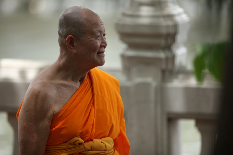 thai, temple, focus on foreground, belief, day, buddhism, orange color, shaved head, more than, old, males, asia, buddhist, one person, elderly, portrait
