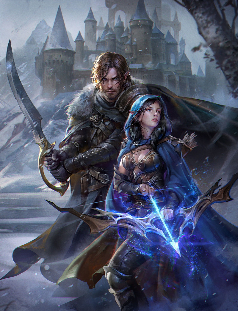 brunette, arrows, dark hair, weapon, Jeremy Chong, men, women, castle, archer, hoods, sword, 1080P, elves, drawing, warrior, fantasy art, bow, snow, cape