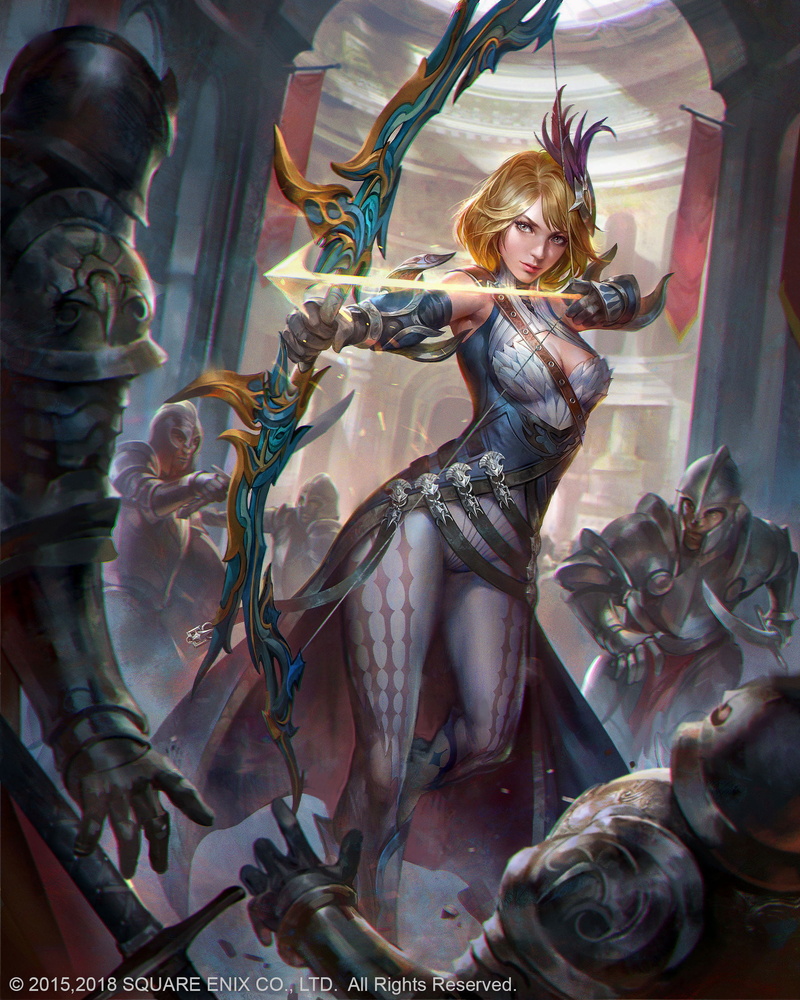 short hair, arrows, blonde, 1080P, fighting, Jeremy Chong, drawing, women, archer, fantasy art, feathers, magic, bow