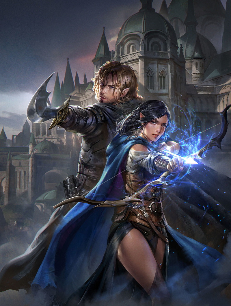 720P, archer, men, drawing, fantasy art, warrior, dark hair, arrows, Jeremy Chong, magic, bow, women, cape, blonde, castle