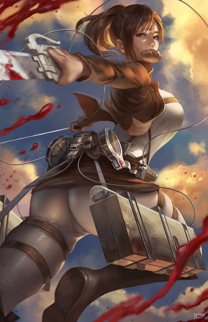 4K, illustration, drawing, digital art, fantasy girl, shirt, anime, Shingeki no Kyojin, food, anime girls, Sasha Blouse, Nopeys, women, looking at viewer