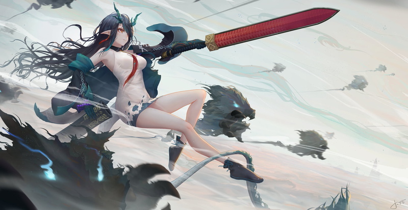 long hair, anime, tail, artwork, Jay Xu, fantasy girl, drawing, Arknights, 720P, 2D, sword, Dusk (Arknights), fantasy art, illustration, video game girls