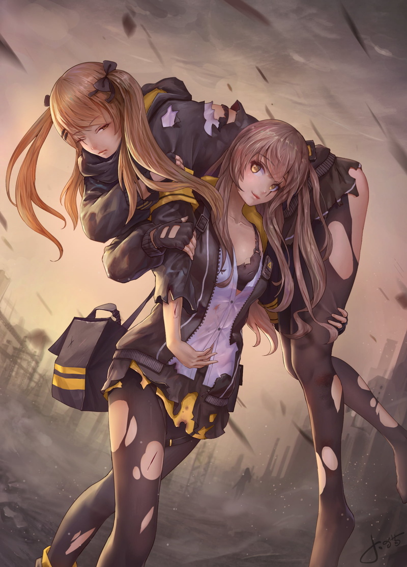 jacket, video games, pantyhose, Girls Frontline, blonde, digital art, skirt, 1080P, fan art, anime girls, soldier, Jay Xu, ripped clothes, long hair, pigtails