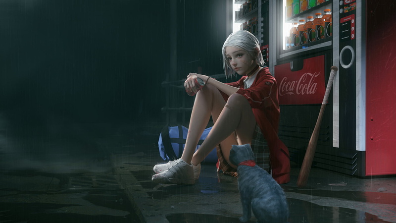 Collar, Cat, Original, Coca Cola, 1080P, Drink, Anime, Baseball Bat, Skirt, White Hair