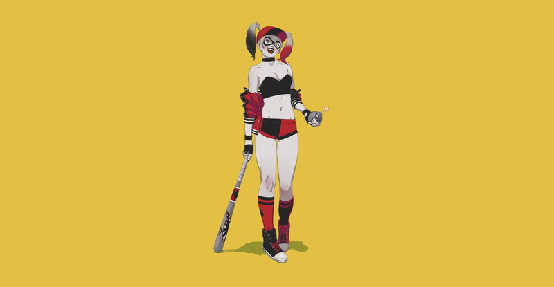 2K, yellow background, baseball bat, Harley Quinn, yellow, women, simple background, artwork
