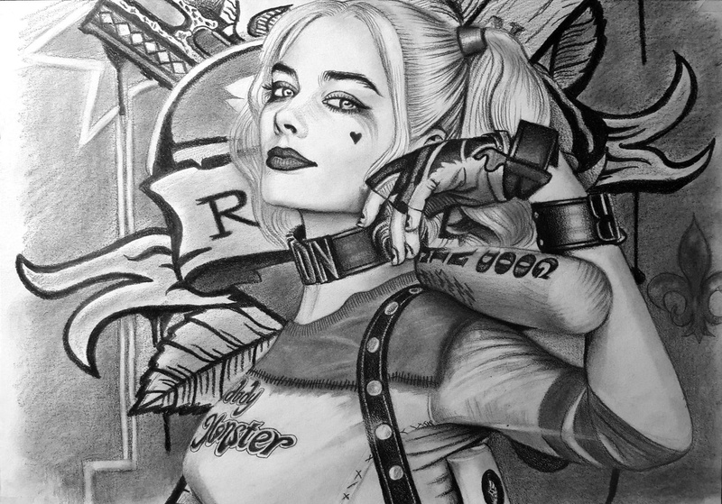 Harley Quinn, fan art, 1080P, drawing, monochrome, artwork