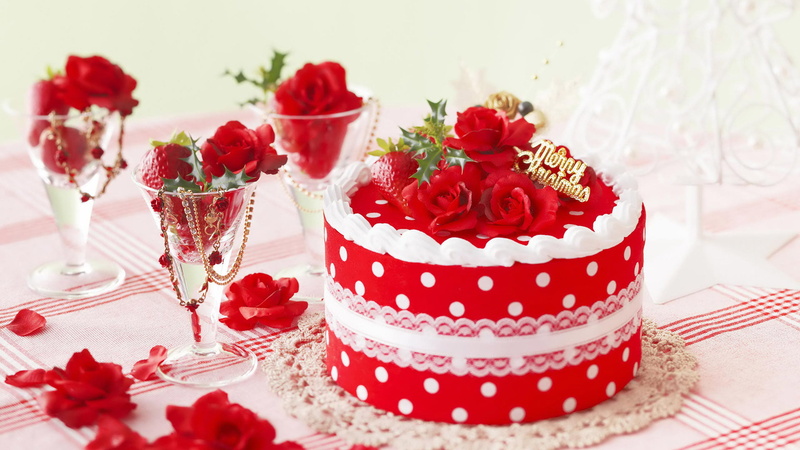 traditional, sweet food, holiday, tree, sphere, flower, still life, color, art, bow, dessert, celebration, decorative, temptation, new, red, 1080P, year