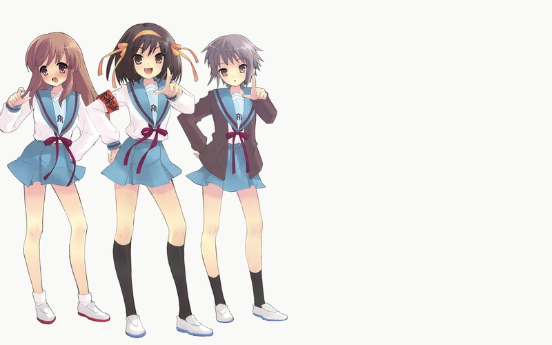 females, standing, copy space, child, beautiful woman, people, friendship, white background, The Melancholy of Haruhi Suzumiya, indoors, front view, Asahina Mikuru