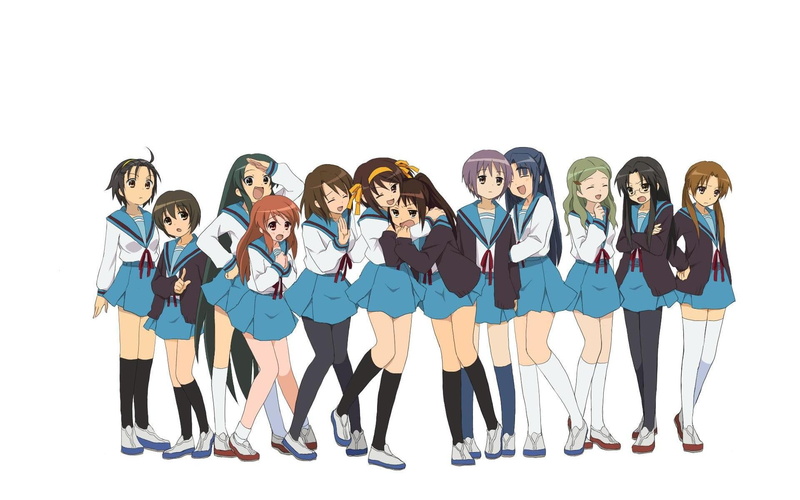 indoors, large group of people, togetherness, studio shot, teenage boys, group of people, standing, Suzumiya Haruhi , Nagato Yuki, child, Asahina Mikuru