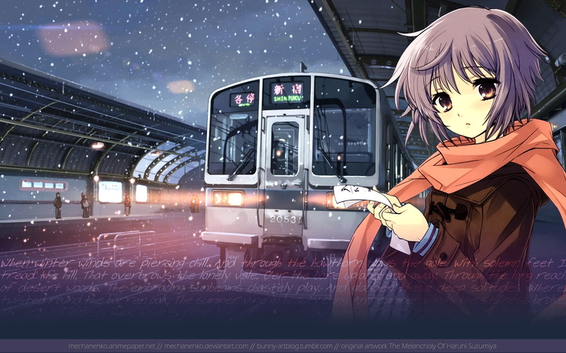 people, night, disguise, anime, real people, public transportation, Nagato Yuki, transportation, rail transportation, mode of transportation, representation
