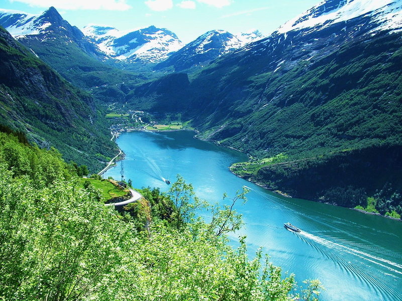 water, forest, mountains, beautiful, snow, geiranger, 1080P, fiord, norway, 3d and, blue, nature, landscape, summer