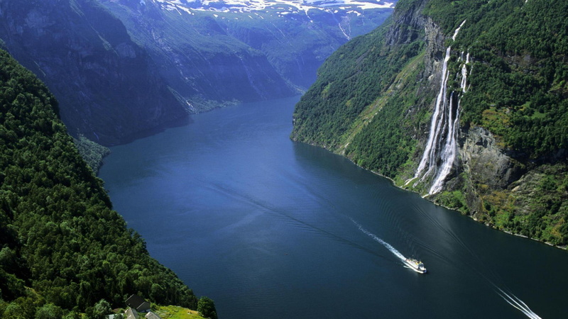 ships, fjord, geiranger, nature and landscapes, norway, mountains, waterfalls, 1080P