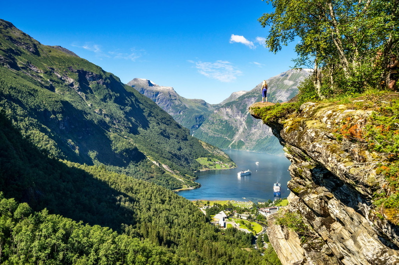 girl, the fjord, rock, Norway, Ålesund, Geiranger, 1080P, Geirangerfjord, mountains, panorama