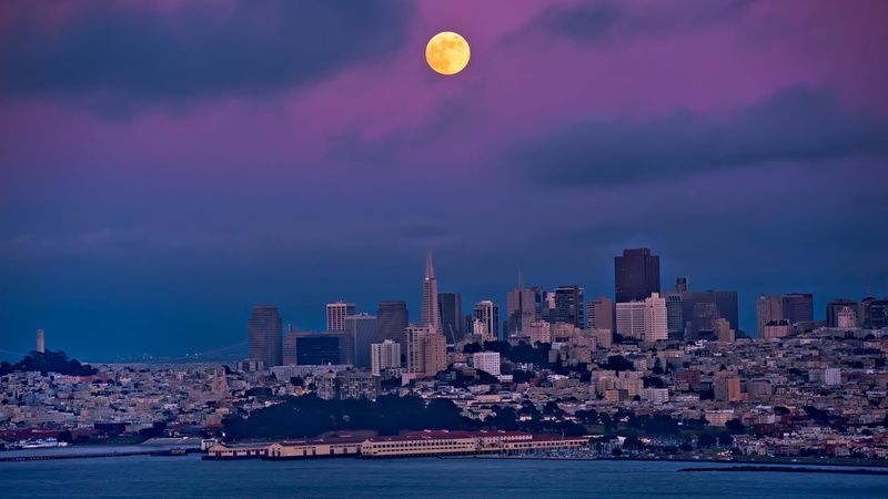 financial district, concrete, city, water, urban skyline, night, architecture, Moon, outdoors, built structure, 1080P, nature, full moon, landscape, sky