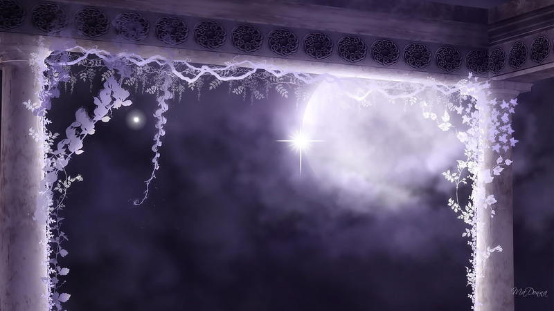 doorway, 1080P, full moon, bliss, lavender, pillars, stars, moonlight, 3d and abstract, vines
