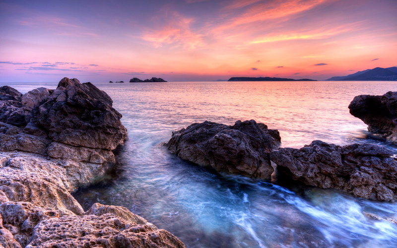 rocky, beaches, bliss, eternal, 2K, calm, beautiful, nature, 3d and abstract, sunset, colors, clouds, coastline