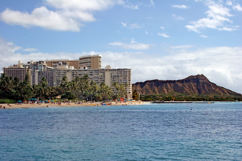 hawaii beach, water, waikiki, hawaiian, Diamond Head, land, no people, sky, nautical vessel, building, city, Hotel, outdoors, Hawaii, nature, waterfront