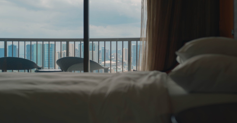honolulu, no people, curtain, built structure, relaxation, buildings, hotel, domestic room, city, clouds, glass - material, hawaii, water, furniture, day