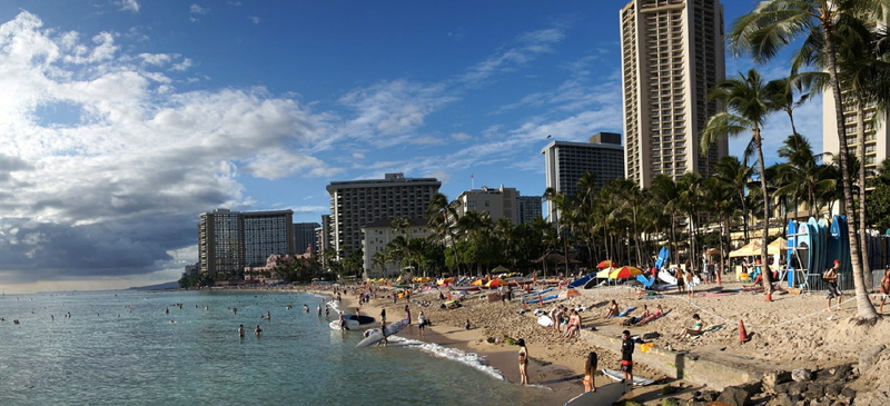 Honolulu, modern, landmark, day, beach, office building exterior, holiday, nature, sky, architecture, large group of people, building, sea, Waikiki, trip