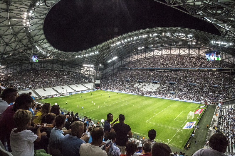 stadium, night, women, sport, football, grass, watching, men, lighting equipment, marseille, velodrome, group of people, excitement, spectator, crowd, leisure activity