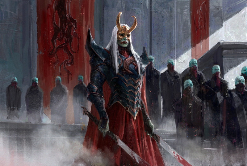 white hair, sword, Min Gyu Lee, digital art, mask, fantasy art, warrior, horns, 1080P