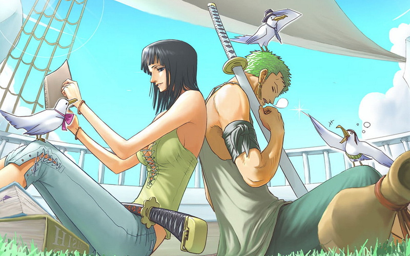 lifestyles, representation, young women, One Piece, art and craft, beautiful woman, clothing, three people, Roronoa Zoro, Seagulls, real people, Nico Robin