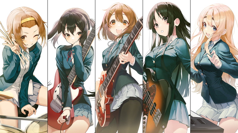 brown eyes, Fender, Tainaka Ritsu, anime, Pro-p, Kotobuki Tsumugi, blonde, K-ON!, brunette, Nakano Azusa, black eyes, drum sticks, long hair, Gibson Les Paul