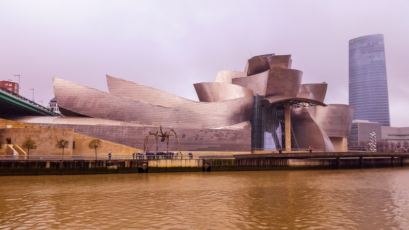 office building exterior, landscape, sky, 5K, no people, built structure, bilbao, guggenheim, river, city, skyscraper, travel destinations, nature, waterfront