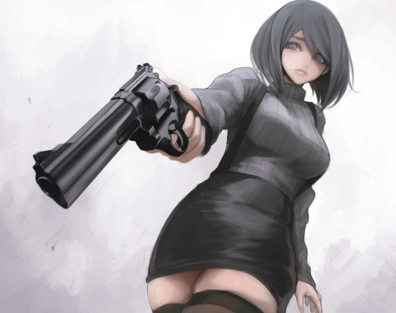 brown, black, eyes, original, short, terabyte, weapon, hair, (rook777), thighhighs, gun, 720P
