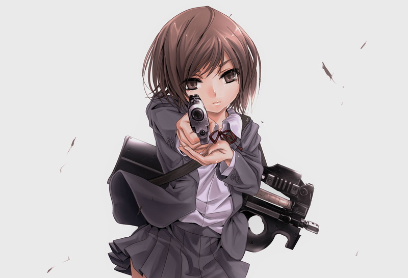 rook777, front view, gun, hair, portrait, technology, brown, women, looking at camera, communication, gunslinger, henrietta, eyes, girl, weapon, studio shot