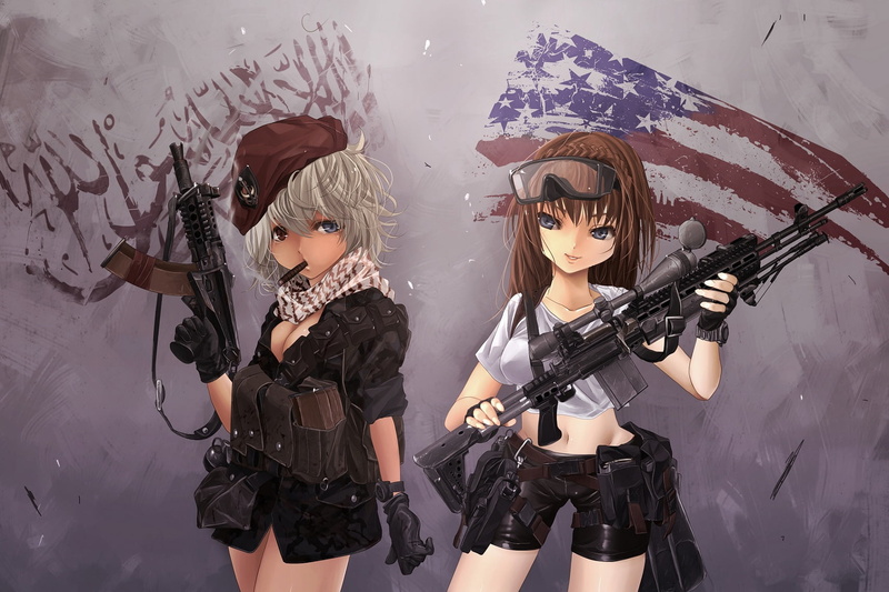 weapon, standing, three quarter length, cleavage, girls, two people, bicolored, people, clothing, women, child, traditional clothing, cigarette, front view