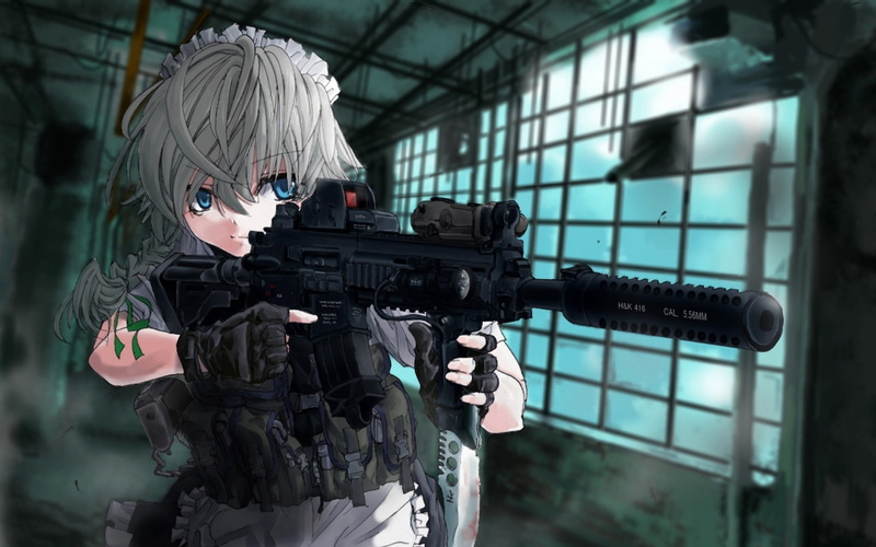 sakuya, koch, girls, heckler, touhou, izayoi, gun, anime, 1080P, terabyte, machine, silencer