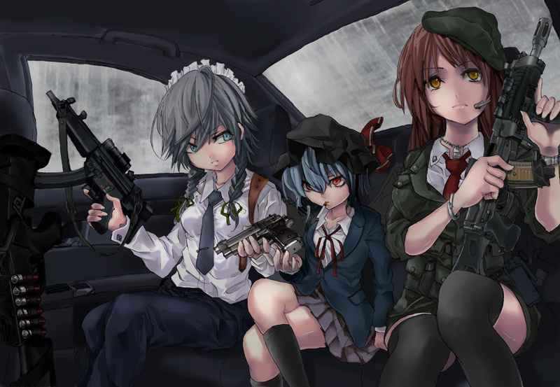 touhou, eyes, meiling, remilia, weapon, car, red, 1080P, girls, sakuya, thighhighs, hong, rook777, izayoi, tie, gun, terabyte, scarlet, braids, cigarette