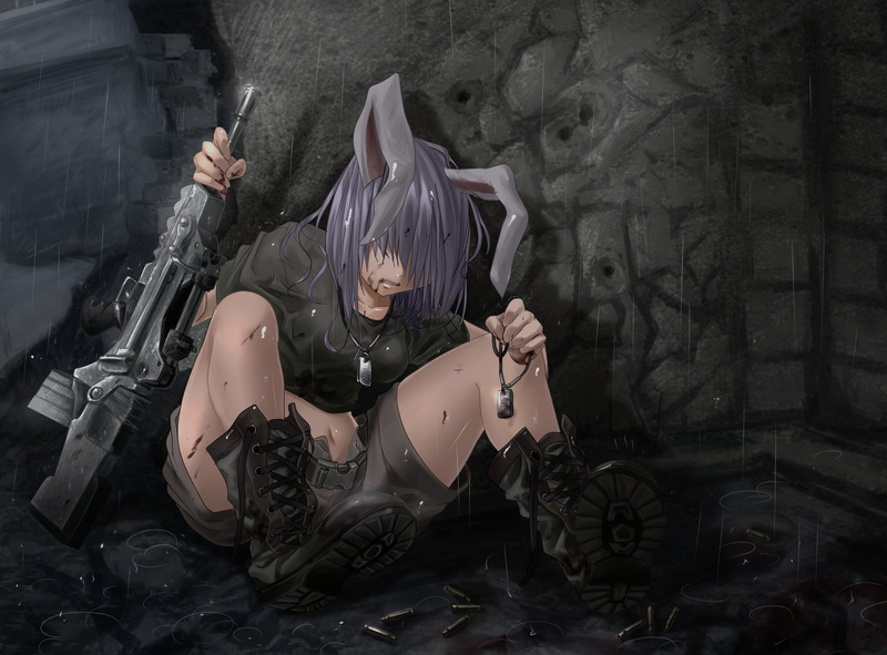 call, ears, hair, rook777, rain, duty, inaba, animal, purple, terabyte, crossover, weapon, long, reisen, udongein, touhou, boots, 1080P, gun