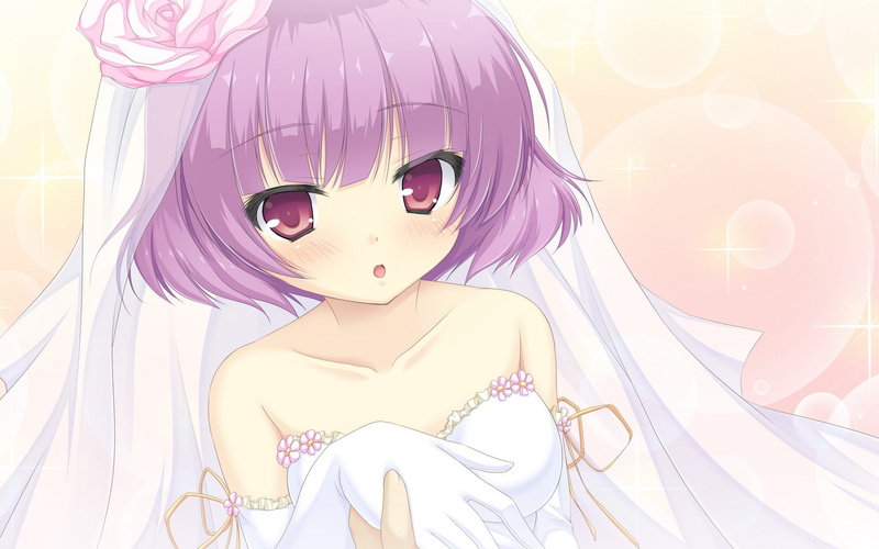 anime girls, 1080P, short hair, Mizu no Miyako no Patisserie, wedding dress, purple hair, Tsugumi Konno, purple eyes