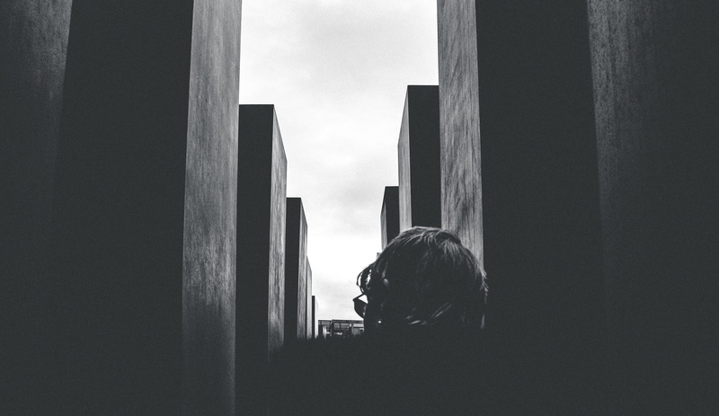 window, minimal, mood, texture, rear view, leisure activity, jewish memorial, germany, women, portrait, built structure, bnw, one person, standing, blocks