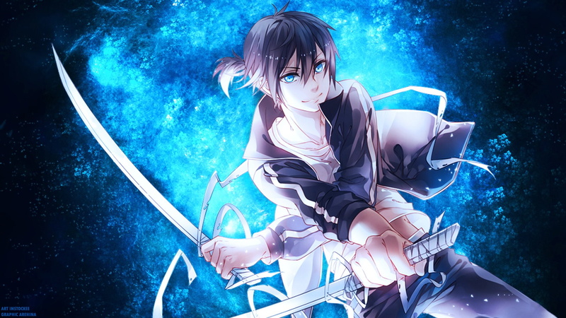 Yato (Noragami), Katana, Noragami, Boy, Blue Eyes, 1080P, Smile, Sword, Black Hair, Weapon, Jacket, Anime
