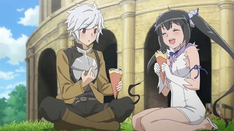 outdoors, disguise, creativity, two people, Is It Wrong to Try to Pick Up Girls in a Dungeon?, holding, celebration, Hestia (DanMachi), clothing, architecture