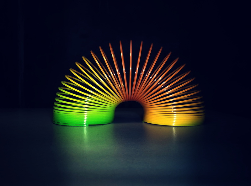 arch, semi-circle, architecture, orange, rainbow, slinky, illuminated, Aero, geometric shape, indoors, spring, dark, green, repetition, no people, pattern