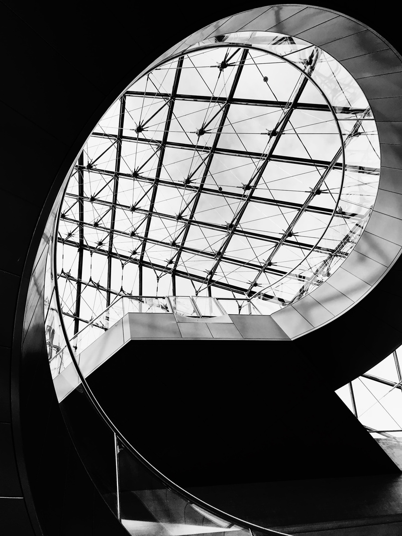 semi-circle, louvre, nature, modern, roof, abstract, paris, architecture, railing, black and white, pattern, france, day, indoors, staircase, looking up