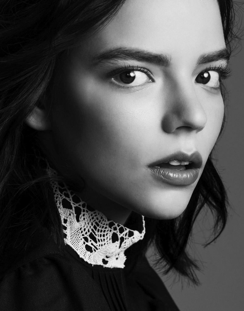 indoors, young woman, 1080P, dark hair, face, Anya Taylor-Joy, actress, long hair, monochrome, women, closeup