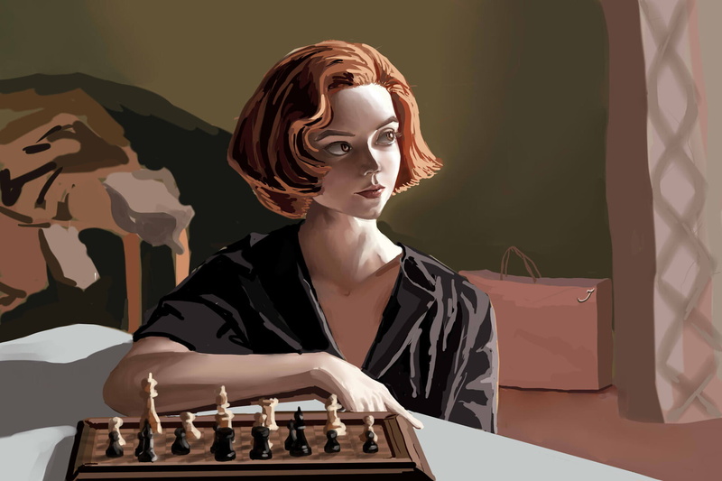 The Queens Gambit, women, looking at the side, 1080P, short hair, drawing, Netflix TV Series, Anya Taylor-Joy, Beth Harmon, artwork, looking away, fan art