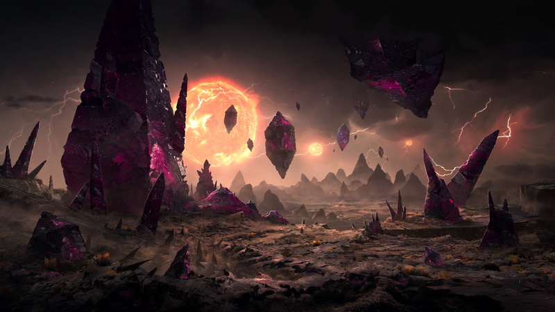 Sun, rocks, planet, desolate, floating, lightning, apocalyptic, dark, 1080P