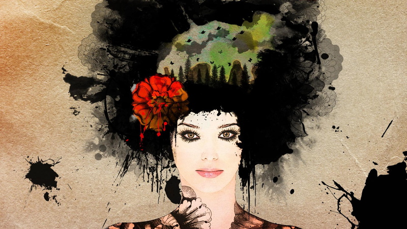 mountain, afro, floral, woman, 1920x1080, tree, hair, digital art, 1080P, abstract, painting