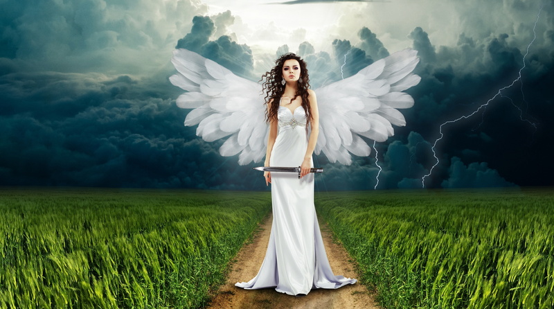 Wheat, Clouds, one person, women, adult, Revenge, front view, long hair, young women, Creative, Lightning, Dark, digital, 5K, cloud - sky, divine, white color