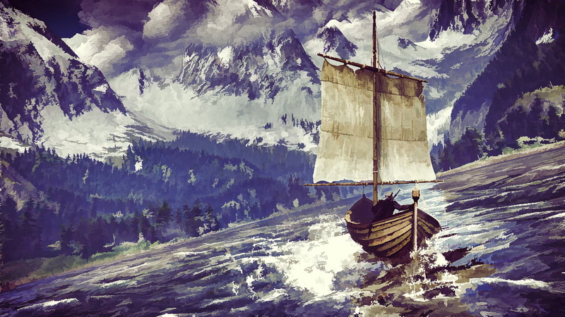 outdoors, scenics - nature, architecture, beauty in nature, water, The Witcher 3: Wild Hunt, nature, boat, digital art, art, flowing water, body, rock