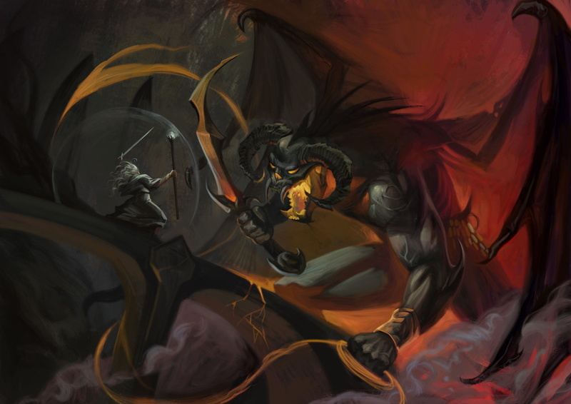 Gandalf, Balrog, artwork, 1080P, fantasy art, The Lord of the Rings